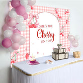 Aperturee - Aperturee Pink Plaid Red Cherry On Top Baby Shower Backdrop